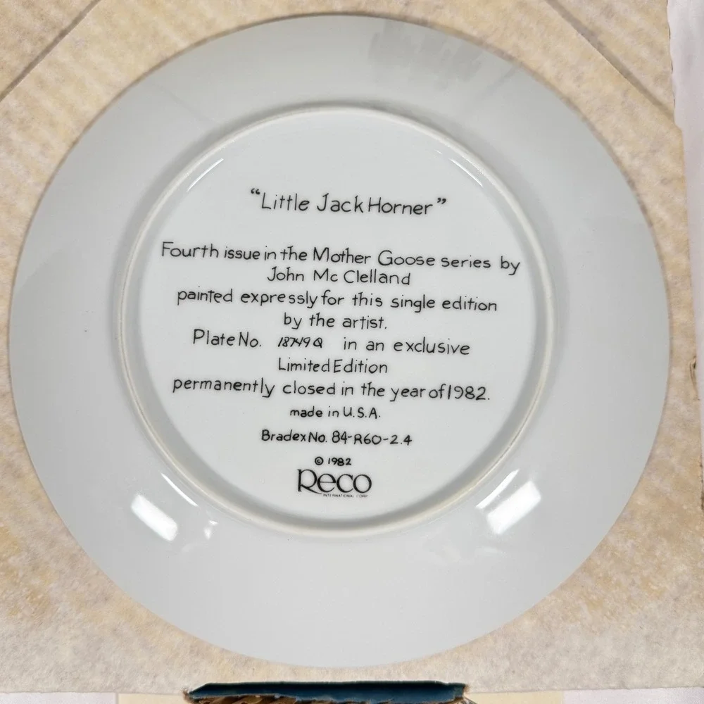 Reco Little Jack Horner Plate Mother Goose 1982 McClelland COA